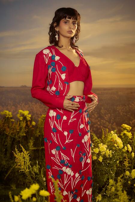 Nirmooha Red Cotton Embroidery Open Neck Flower Jacket Online at Aza Fashions Nirmooha_Red Cotton Embroidery Open Neck Flower Jacket _Online_at_Aza_Fashions