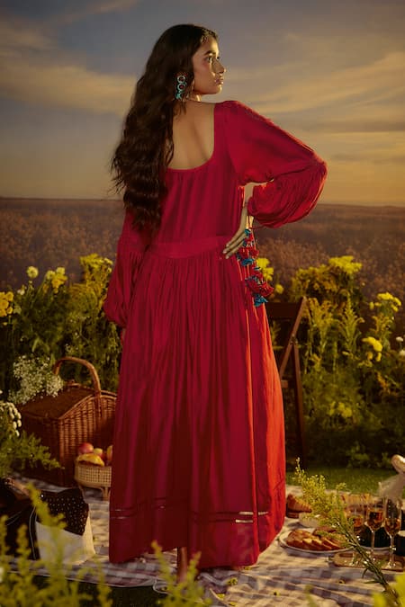 Nirmooha Red Lace Work Maxi Dress 