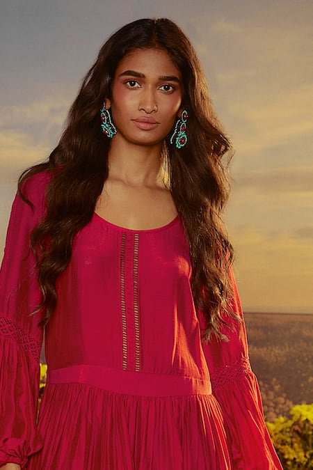 Nirmooha_Red Silk Lace, Tassels Round Neck Work Maxi Dress _Online_at_Aza_Fashions