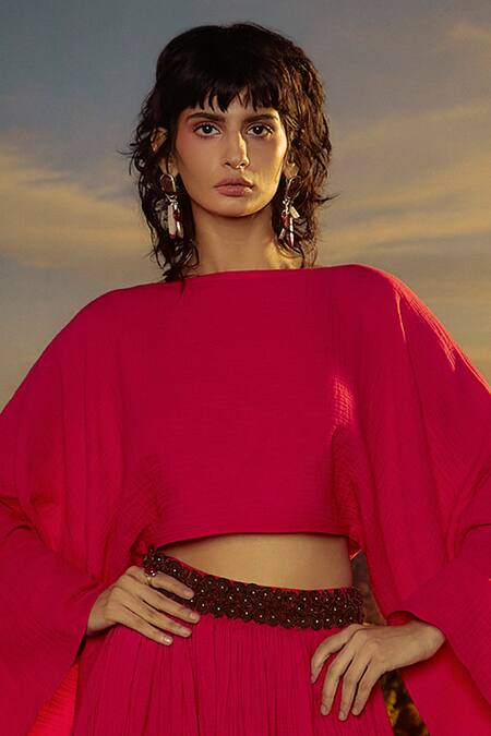 Nirmooha_Pink Cotton Embroidery Boat Neck Cape Crop Top And Pleated Skirt Set _Online_at_Aza_Fashions