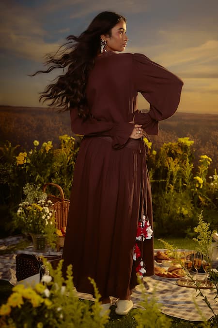 Nirmooha Brown Pleated Maxi Dress With Belt 