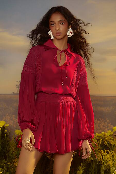 Nirmooha_Red Crepe Lace Collared Detail Top And Pleated Skirt _Online_at_Aza_Fashions