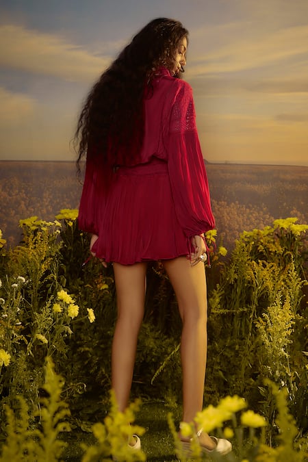 Shop_Nirmooha_Red Crepe Lace Collared Detail Top And Pleated Skirt _at_Aza_Fashions