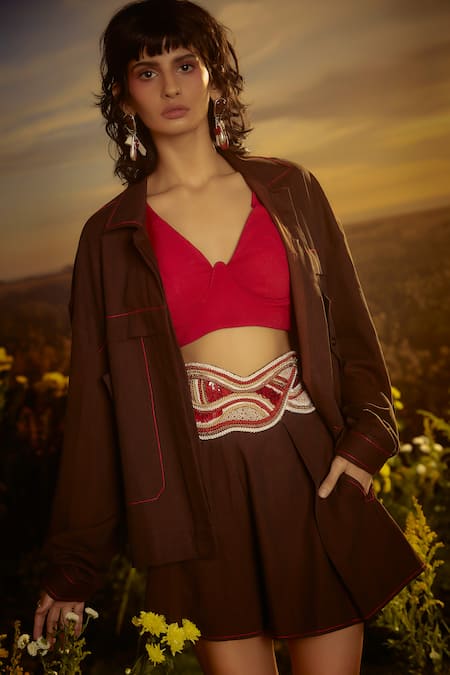 Nirmooha_Brown Denim Collared Contrast Stitch Embroidered Jacket _Online_at_Aza_Fashions