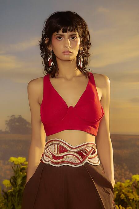 Nirmooha_Red Denim, Jersey Embroidery Plunge Neck Solid Bustier And Brown Pleated Shorts _Online_at_Aza_Fashions
