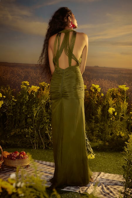 Shop_Nirmooha_Green Silk V-neck Cording Charm Slit Maxi Dress _at_Aza_Fashions