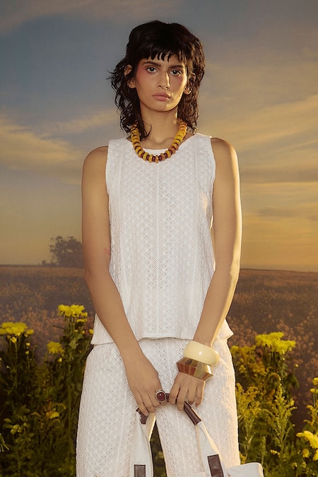 Nirmooha_White Cotton Round Neck Crochet Top And Pant Set _Online_at_Aza_Fashions