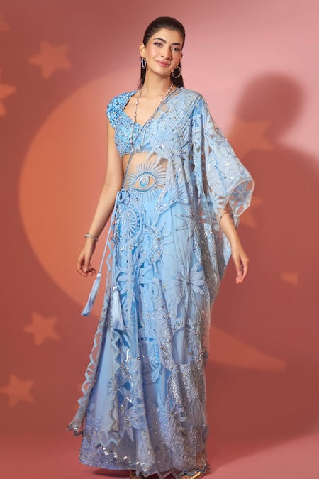 Buy_Ohaila Khan_Blue Tulle, Crepe Sequins, Crystals, Beads Cape Trouser Set With Embroidery _Online_at_Aza_Fashions
