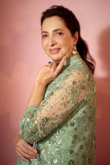 Buy_Ohaila Khan_Green Tulle, Crepe, Organza Sequins, Crystals, Bermuda Embroidered Jacket Set _Online_at_Aza_Fashions