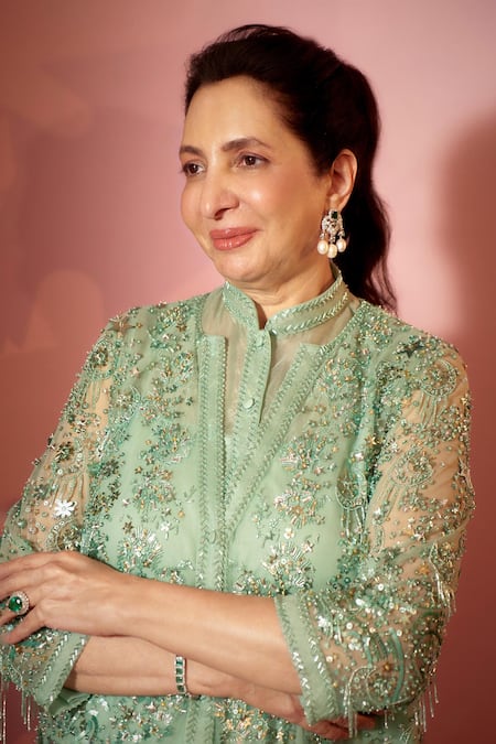 Shop_Ohaila Khan_Green Tulle, Crepe, Organza Sequins, Crystals, Bermuda Embroidered Jacket Set _Online_at_Aza_Fashions