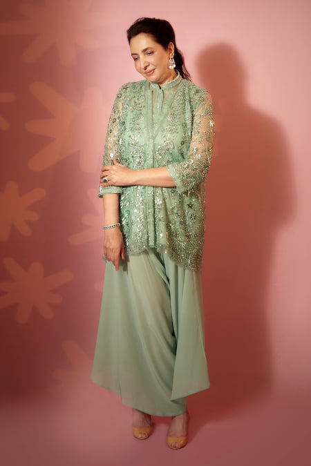 Ohaila Khan Bermuda Green Sequin Embroidered Jacket Set 