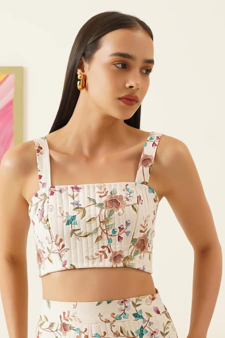 Sunandini Floral Vine Printed Quilted Crop Top 