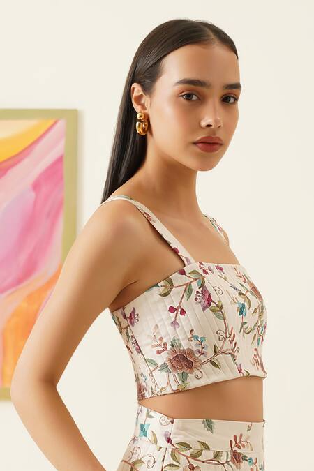 Buy_Sunandini_White Viscose, Wool Embroidery Square Neck Floral Vine Printed Quilted Crop Top _Online_at_Aza_Fashions