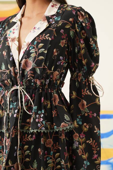 Sunandini_Black Viscose, Wool Lace, Embroidery Button-down Floral Double Layered Dress _at_Aza_Fashions