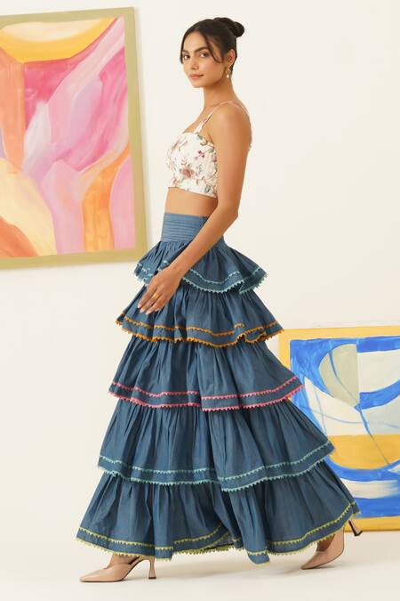 Sunandini_Blue Cotton Lace Tiered Circular Skirt _Online_at_Aza_Fashions