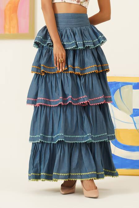 Buy_Sunandini_Blue Cotton Lace Tiered Circular Skirt _Online_at_Aza_Fashions