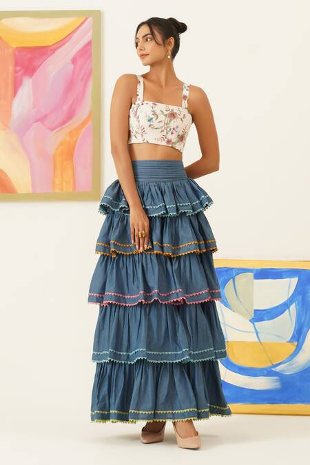 Sunandini_Blue Cotton Lace Tiered Circular Skirt _at_Aza_Fashions