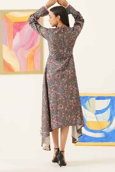 Sunandini Botanical Print Asymmetric Midi Dress 