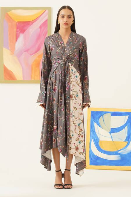 Sunandini_Gray Viscose, Wool Embroidery V-neck Botanical Print Asymmetric Midi Dress _Online_at_Aza_Fashions