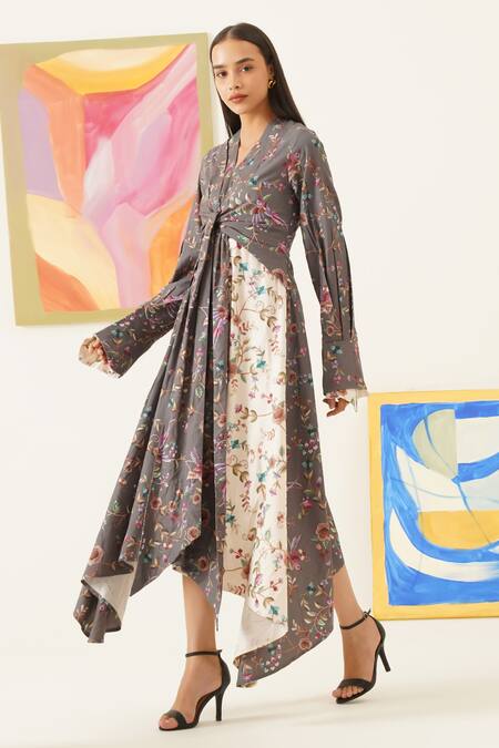 Buy_Sunandini_Gray Viscose, Wool Embroidery V-neck Botanical Print Asymmetric Midi Dress _Online_at_Aza_Fashions