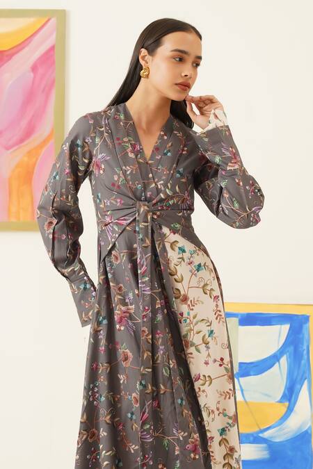 Shop_Sunandini_Gray Viscose, Wool Embroidery V-neck Botanical Print Asymmetric Midi Dress _Online_at_Aza_Fashions