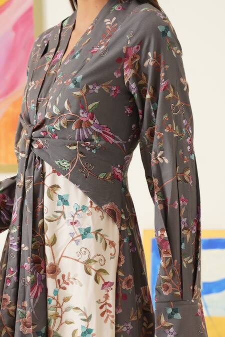 Sunandini_Gray Viscose, Wool Embroidery V-neck Botanical Print Asymmetric Midi Dress _at_Aza_Fashions