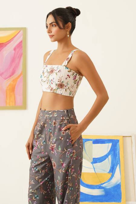 Sunandini_Gray Viscose, Wool Embroidery Square Floral Vine Printed Quilted Crop Top And Pant _Online_at_Aza_Fashions