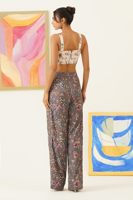 Shop_Sunandini_Gray Viscose, Wool Embroidery Botanical Print Quilted Pant _at_Aza_Fashions