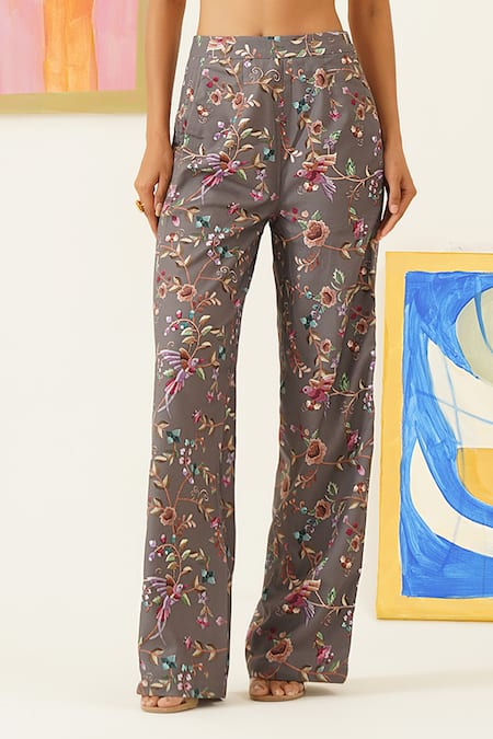 Sunandini_Gray Viscose, Wool Embroidery Botanical Print Quilted Pant _Online_at_Aza_Fashions