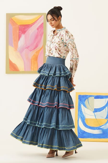 Sunandini_White Viscose, Wool, Cotton Lace Floral Vine Printed Top And Circular Skirt _Online_at_Aza_Fashions