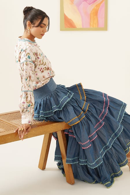 Shop_Sunandini_White Viscose, Wool, Cotton Lace Floral Vine Printed Top And Circular Skirt _Online_at_Aza_Fashions