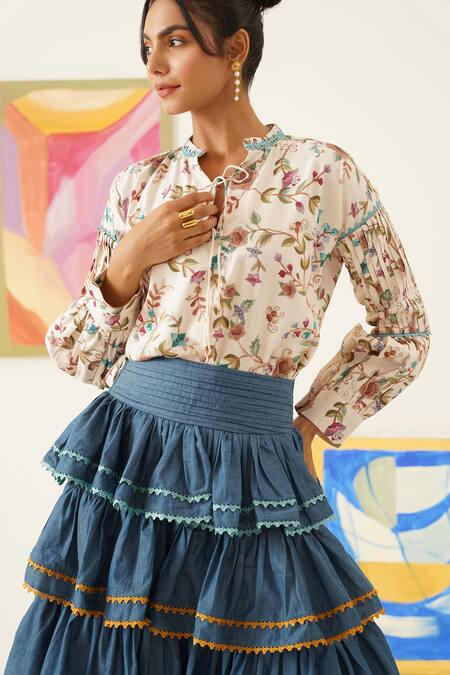 Sunandini_White Viscose, Wool, Cotton Lace Floral Vine Printed Top And Circular Skirt _at_Aza_Fashions