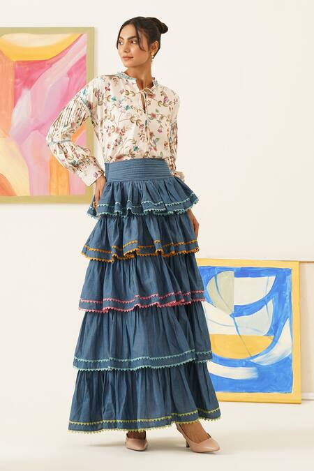 Sunandini_White Viscose Lace Bandeau Neck Floral Vine Printed Top _Online_at_Aza_Fashions