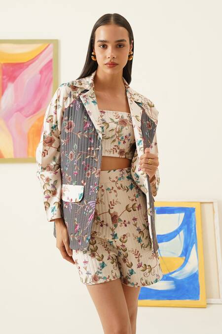 Buy_Sunandini_Gray Viscose, Wool Embroidery Floral Vine Printed Quilted Jacket And Shorts Set _Online_at_Aza_Fashions
