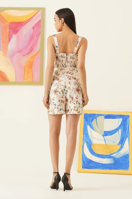 Sunandini_Gray Viscose, Wool Embroidery Floral Vine Printed Quilted Jacket And Shorts Set _at_Aza_Fashions