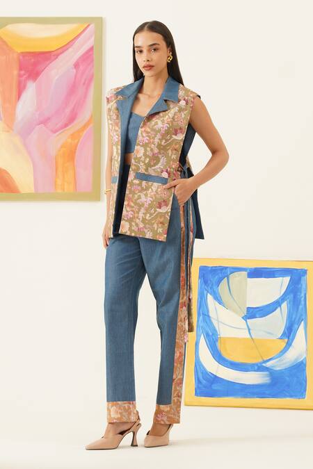 Sunandini_Blue Cotton, Viscose Embroidery Floral Vine Printed Reversible Vest Set _Online_at_Aza_Fashions