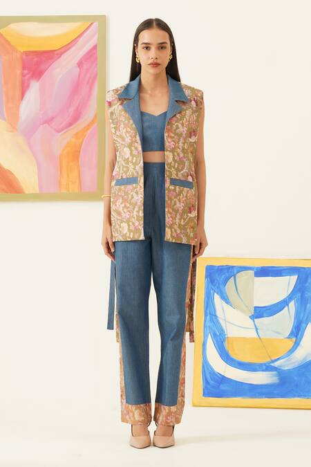 Buy_Sunandini_Blue Cotton, Viscose Embroidery Floral Vine Printed Reversible Vest Set _Online_at_Aza_Fashions