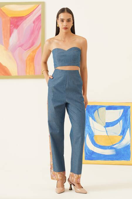 Shop_Sunandini_Blue Cotton, Viscose Embroidery Floral Vine Printed Reversible Vest Set _Online_at_Aza_Fashions