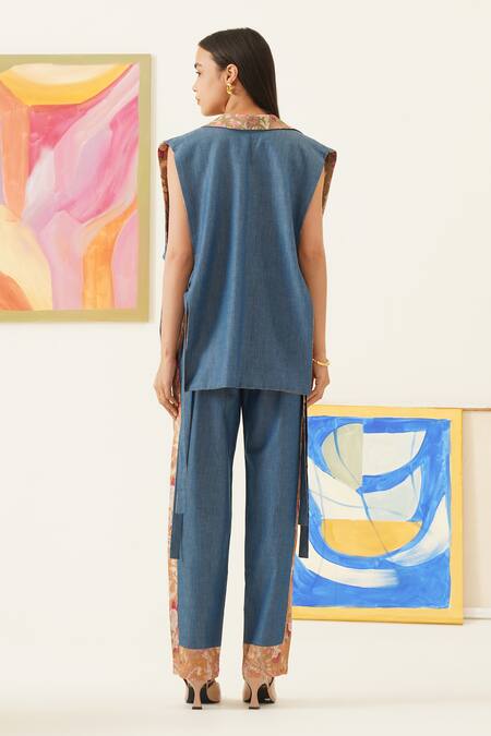 Sunandini_Blue Cotton, Viscose Embroidery Floral Vine Printed Reversible Vest Set _at_Aza_Fashions