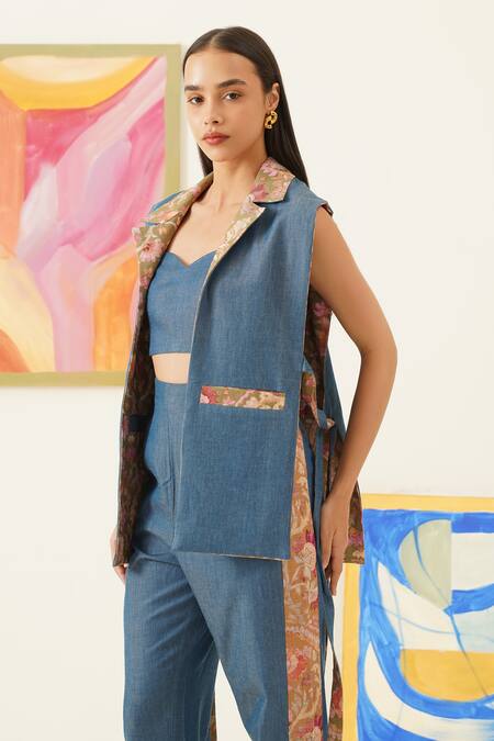Buy_Sunandini_Blue Linen, Cotton Collared Floral Veil Printed Reversible Vest _Online_at_Aza_Fashions