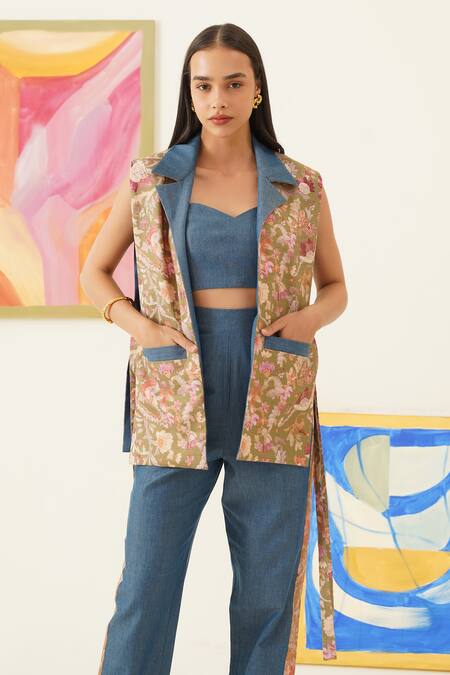 Shop_Sunandini_Blue Linen, Cotton Collared Floral Veil Printed Reversible Vest _Online_at_Aza_Fashions