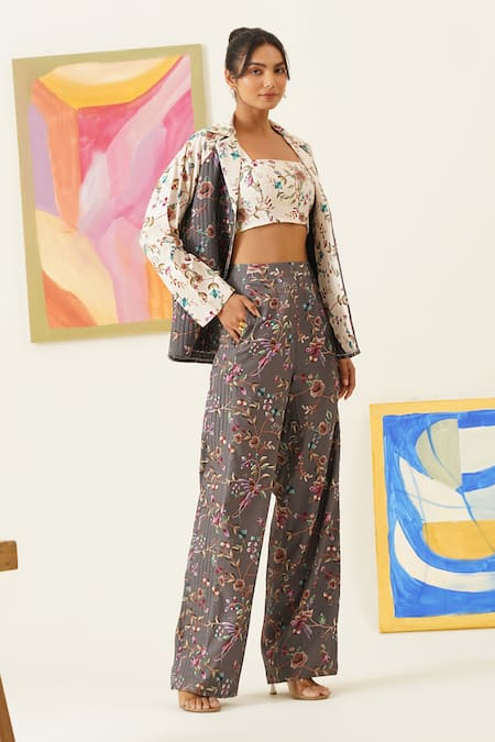 Sunandini_Gray Viscose, Wool Embroidery Open Neck, Square Floral Printed Jacket And Pant Set _Online_at_Aza_Fashions