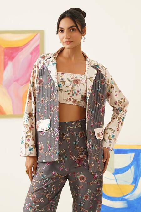 Buy_Sunandini_Gray Viscose, Wool Embroidery Open Neck, Square Floral Printed Jacket And Pant Set _Online_at_Aza_Fashions