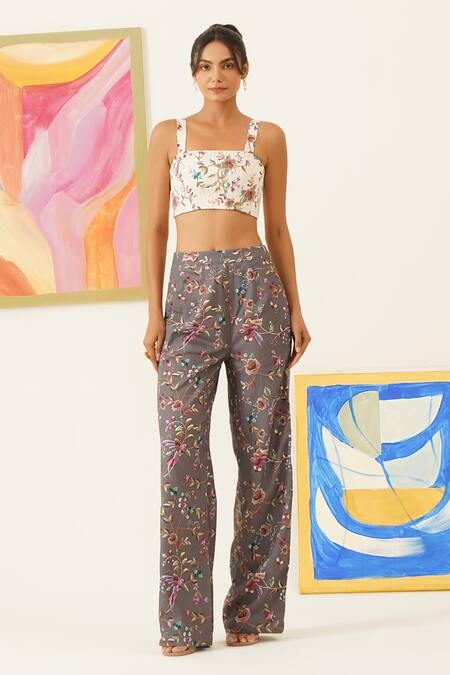 Shop_Sunandini_Gray Viscose, Wool Embroidery Open Neck, Square Floral Printed Jacket And Pant Set _Online_at_Aza_Fashions