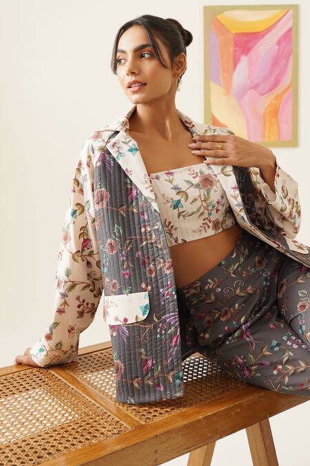 Sunandini_Gray Viscose, Wool Embroidery Open Neck, Square Floral Printed Jacket And Pant Set _at_Aza_Fashions