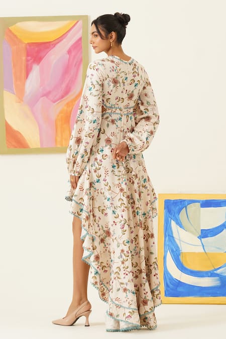 Sunandini Floral Vine Print High Low Ruffled Dress 