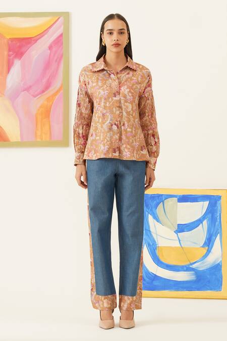 Sunandini_Yellow Viscose, Wool Lace Collared Floral Printed Ochre Shirt _Online_at_Aza_Fashions