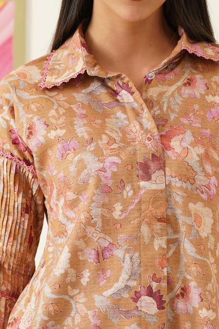 Buy_Sunandini_Yellow Viscose, Wool Lace Collared Floral Printed Ochre Shirt _Online_at_Aza_Fashions