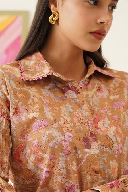 Shop_Sunandini_Yellow Viscose, Wool Lace Collared Floral Printed Ochre Shirt _Online_at_Aza_Fashions
