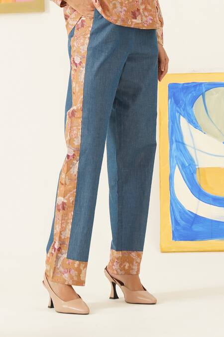 Sunandini_Yellow Viscose, Cotton Embroidery Collared Floral Print Shirt And Trouser Set _Online_at_Aza_Fashions